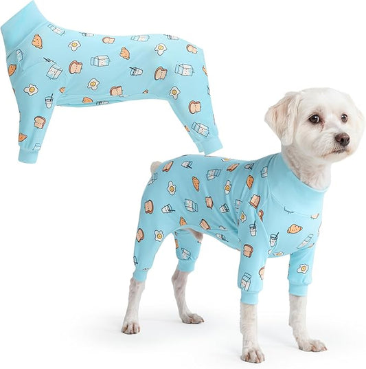 Spark Paws Dog Pajama, Dog Recovery Suit Male, Onesie, Ultra-Soft and 4-Way Stretch, for Small Medium and Large Breeds - Breakfast Blue - M