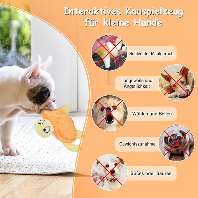 Squeaky Sea Turtle Plush Dog Toy - Durable, No Stuffing, Interactive Chew Toy for Small Dogs - Relieve Anxiety, Teething, and Keep Them Busy for Puppy(Orange)