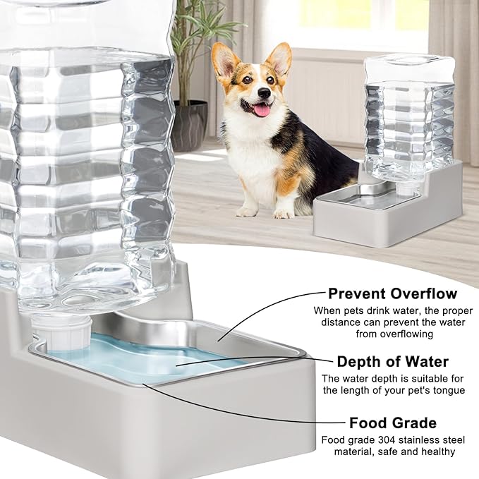 RIZZARI Stainless Steel Pet Water Feeder: 8.5L Beige Automatic Leak-Proof Gravity Dispenser for 30-60 LB Dogs with Spine Problems - Without Filter - for Living Room Kitchen