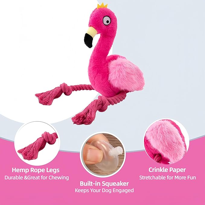 Plush Flamingo Dog Toy with Rope Legs, Pink, Interactive Squeaky Chew Toy for Small, Medium Dogs, Tug-of-War Play