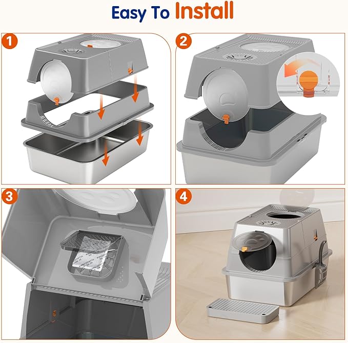 Front & Top Entry Stainless Steel Litter Box with Lid,Cat Litter Box Enclosure,Extra Large Enclosed,Non-Sticky Metal Pan,Anti-Leakage,Odor Control,Easy Clean,Covered for Indoor Cats,Includes Scoop Set