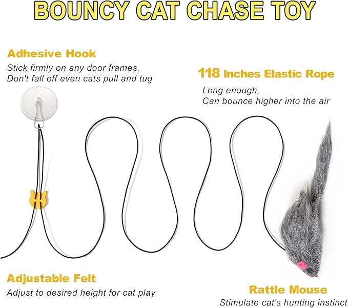 2PCS Cat Toys for Indoor Cats, Interactive Fly Chase Cat Door Toy Mouse Feather Toys for Mental Physical Stimulation, Kitten Toys Retractable Cats String Toys Teaser Play Exercise