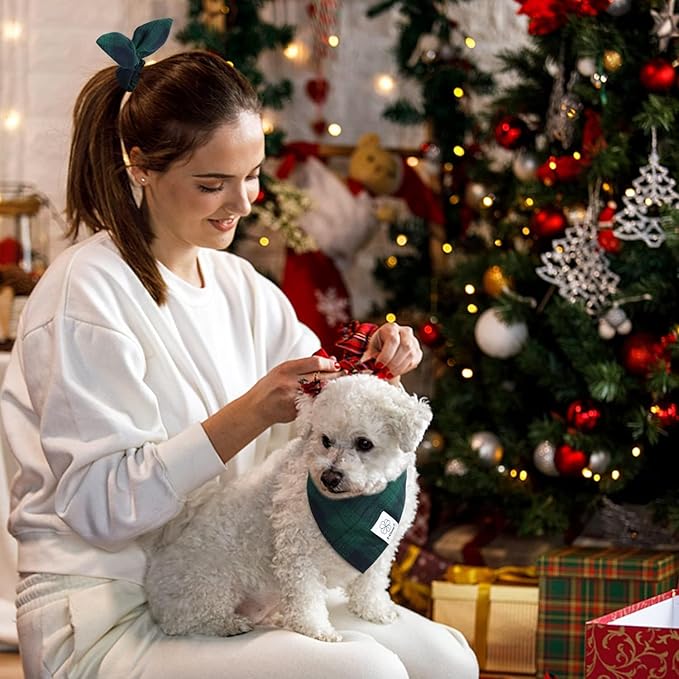 E-Clover Christmas Dog Bandanas & Matching Scrunchie Set Plaid Dog Bibs Scarf Boy Triangle Kerchief Bandana for Small Dogs Puppy Birthday Gifts Pet Owner Mom Green Fall