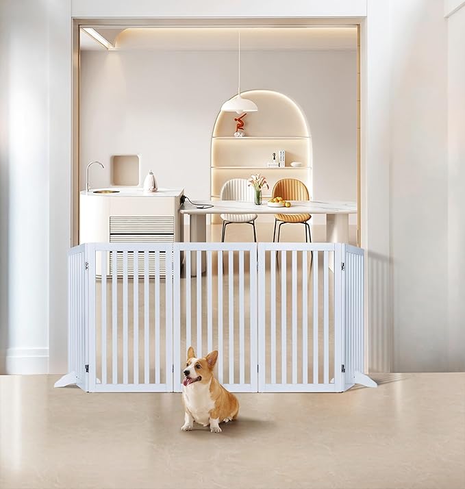 unipaws 36”H Free Standing Pet Gate for Dog and Cat, Tall Wooden Dog Gates for Doorway, Stairs, Doggy Room Divider, Foldable Pet Fence for The House, Expandable Doggy Barrier, Indoor Use, White