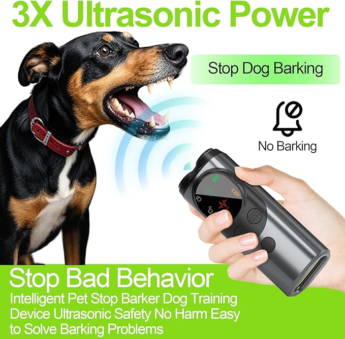 Dog Sonic Bark Deterrents Devices for Own or Neighbor's Dog, 3X Ultrasonic Anti Barking Device for Dogs Bark Deterrent Safe & Effective Stop Dog Barking Device with LED Flashlight Dogs Training Tools