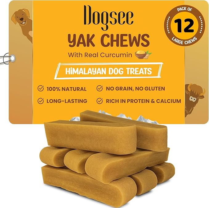 Dogsee Turmeric/Curcumin/Curcuma Flavor Himalayan Yak Milk Dental Treat for Dogs Bulk Pack 3lb (Large - 12 Chews) | Anti-inflammatory | Tasty & Healthy Treats | Natural and Long Lasting