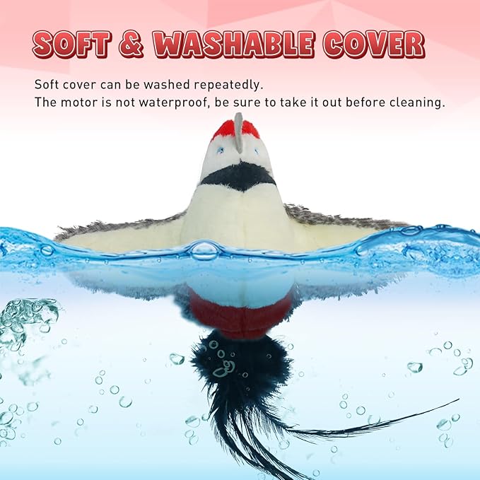 Cat Toys, Flapping Wings Woodpecker, No Flying, Chirping Bird Interactive Catnip Toy for Kitten or Small Dogs, Touch Activated, Rechargeable, 3 Modes