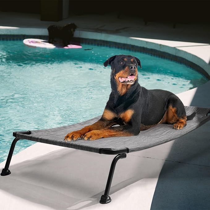 Veehoo Outdoor Elevated Dog Bed, Cooling Raised Dog Cot Bed XL, Portable Waterproof Curved Dogs Hammock Beds for Outside, up to 150lbs, Black Legs, Black Silver 49"