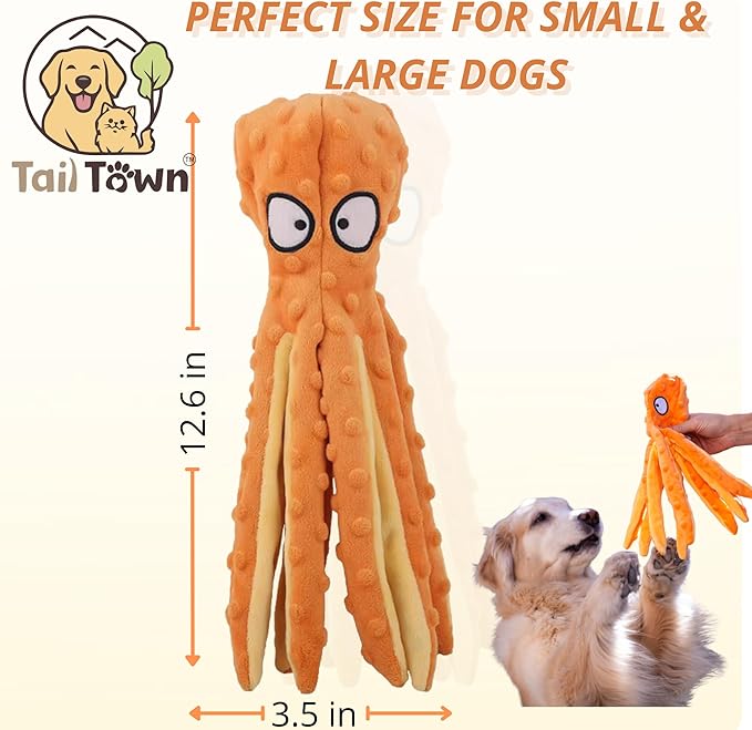 Orange Octopus Dog Toy – Squeaky & Crinkle Plush – Durable No Stuffing Chew Toy for Small Medium Large Dogs Puppies & Seniors – Interactive Safe Soft Toy for Tug Fetch Play – Tail Town