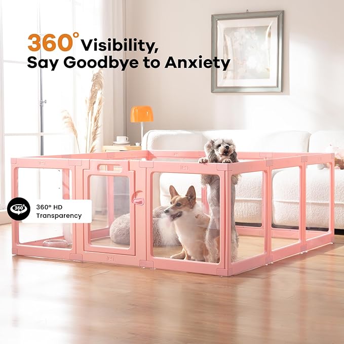 Clear Acrylic Dog Playpen Indoor, Puppy Cat Small Pet Play Pen, Pet Cat Foldable Playpen for Rabbits, Dog Fence Crate Kennel Whelping Cage (Pink, 8 Panel)