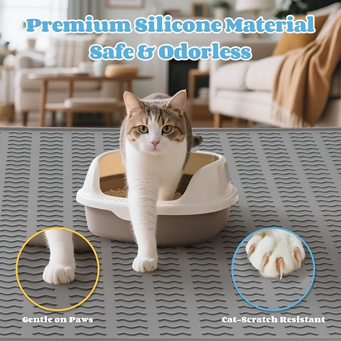 Cat Litter Mat,47x35in Extra Large Litter Mats Silicone,Waterproof Floor Litter Box Mat Indoor,Jumbo Washable Cats Litter Mat Litter Trapping Mat Easy Clean XXL(Grey)