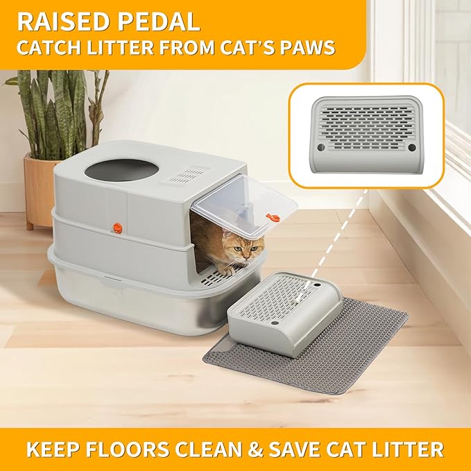 Stainless Steel Cat Litter Box with Lid, Extra Large Cat Litter Box for Large Cat, Metal Litter Pan with High Sided Enclosed and Scoop, Front & Top Entry, Anti-Leakage, Easy to Clean, Grey