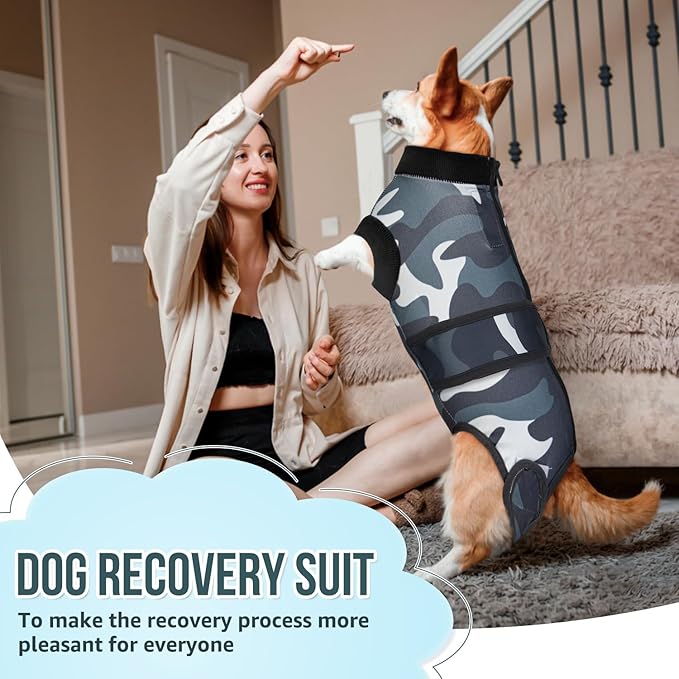 Lukovee Recovery Suit for Dogs, Zipper On Recovery Suit for Female Male Dog, Onesie Abdominal Wounds Cone E-Collar Alternative Prevent Licking Spay Recovery Suit (L,CF)