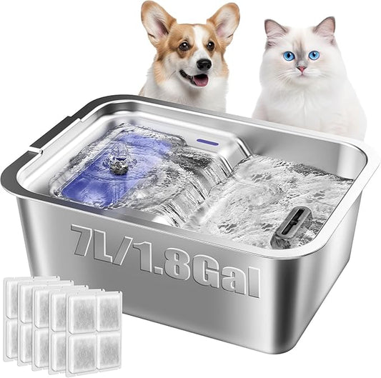 Stainless Steel Dog Fountain, 7L/10L Large Capacity Automatic Water Dispenser with 5 Filters, LED Indicator, Silent Pump for Medium to Large Cats Dogs and Multi-Pet Home (7L Fountian)