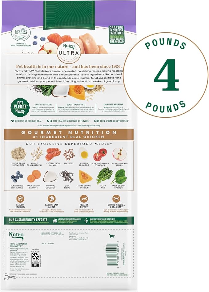 Nutro Ultra Adult Dry Dog Food with a Trio of Proteins from Chicken, Lamb and Salmon, 4 lb Bag