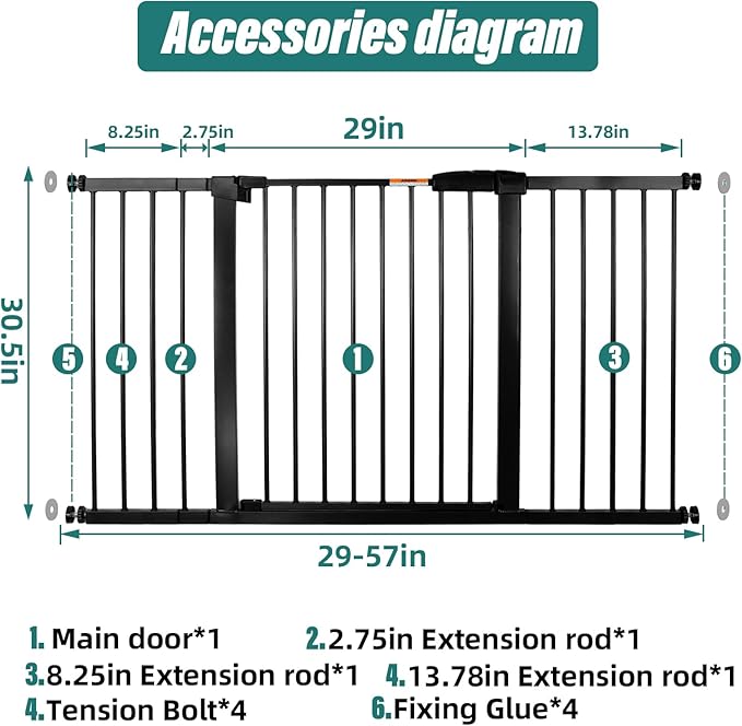 29-57" Dog Gates for Doorways No Drilling, Pet Gate Indoor, 30" Tall Metal Walk-Thru Gate, Easy One-Hand Open, Extensions & Wall Mounts Included (Black, 57" W x 30.5“H)