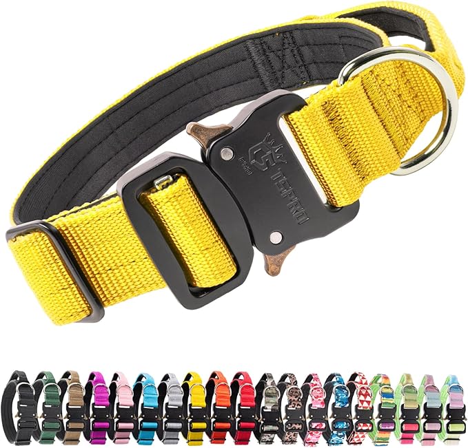 TSPRO Premium Dog Collars Tactical Dog Collar with Handle and Heavy Duty Quick-Release Metal Buckle Durable Thick and Adjustable for Medium to Large Dogs (Yellow M)