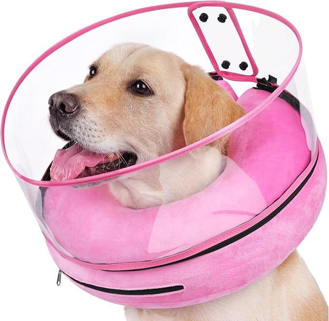BARKLESS Inflatable Dog Cone, Protective Dog Surgery Collar to Stop Licking Biting Wounds, Patented Soft Donut Cone with Clear Shield, Adjustable Blow-up Collar for Surgery Recovery (Pink, L)