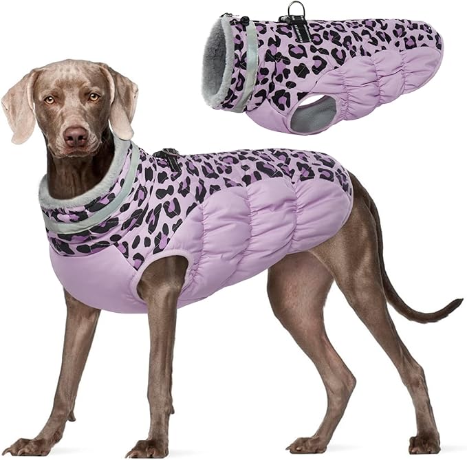 FUAMEY Dog Coat for Large Dogs,Waterproof Dog Winter Jacket with Harness Built in Puppy Cold Weather Coats Reflective Pet Vest with Zipper Warm Fleece Dogs Snowsuit Windproof Purple Leopard XXXL