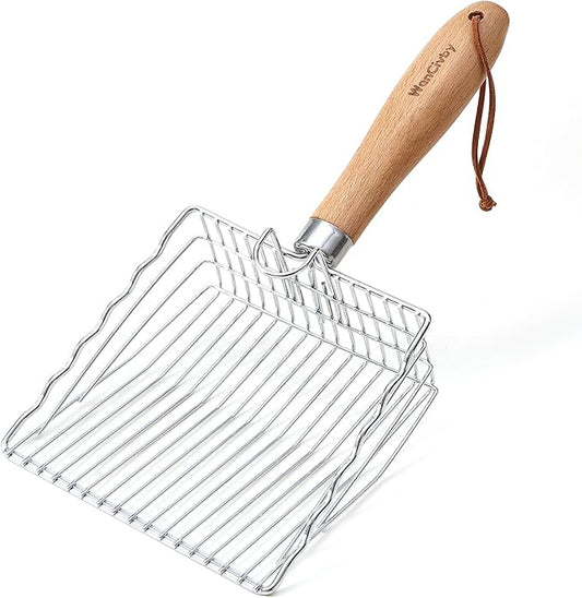 Premium Cat Litter Scoop with Ergonomic Beech Wood Handle - Stainless Steel Sifter with Hook & Hole for Easy Cleaning, Durable & Odor-Free (Steel Wire)