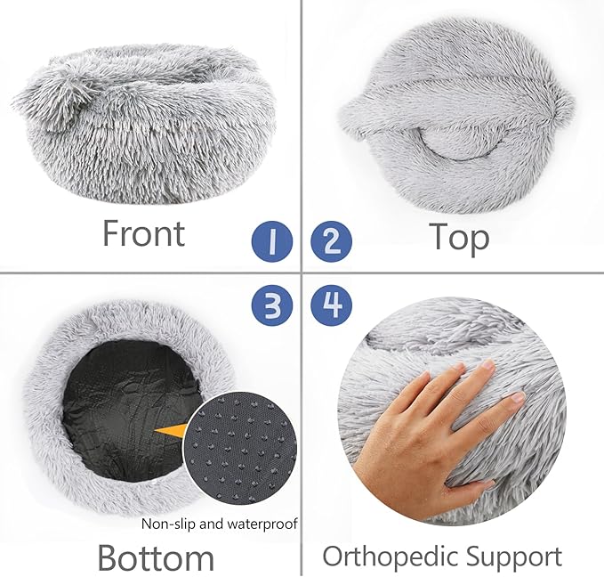 ShinHye Round Plush Fluffy Hooded Cat Bed Cave, Cozy for Indoor Cats or Small Dogs, Waterproof Bottom, Washable