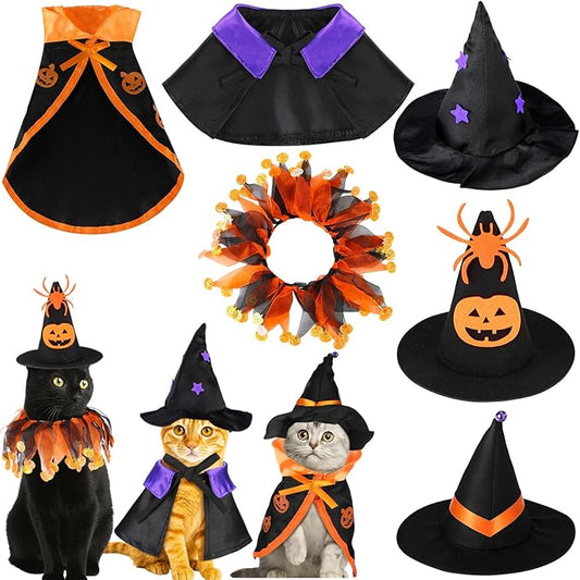 6 Pcs Halloween Pet Costume Cat Witch Halloween Costume Wizard Cat Clothes Cloak with Tutu Collar and Hat for Small Kitten Dogs Cosplay Party Decor