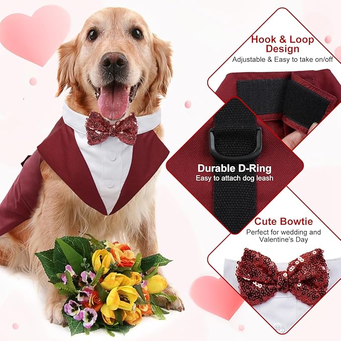 Kuoser Dog Tuxedo Dog Suit and Bandana Set, Dogs Tuxedo Wedding Party Suit, Doggy Prince Bow Tie Shirt Formal Pet Wedding Attire for Large Medium and Small Dogs Golden Retriever Samo Bulldogs