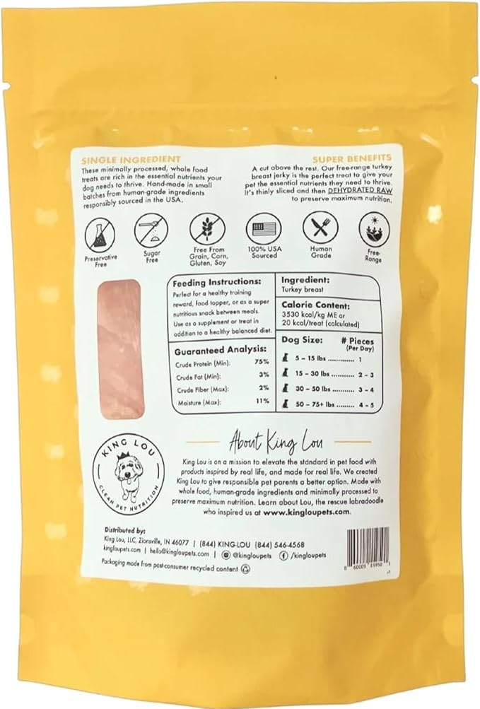 King Lou Pets - Turkey Jerky for Dogs - USA-Made Dehydrated Dog Treats - 1lb Fresh Turkey Breast Prior to Dehydration