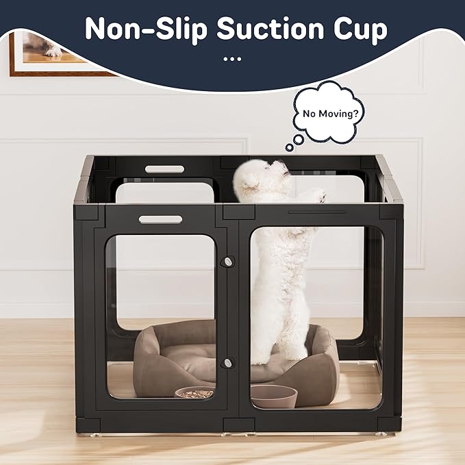 Jalove Acrylic Dog Playpen Indoor, 8 PCS Plastic Puppy Playpen with Door, Clear PlayPen for Dog Cat Rabbit Ferret, Easy Assemble Pen, Preferable Small Cage, Black, 33.5" L x 33.5" W x 24" H