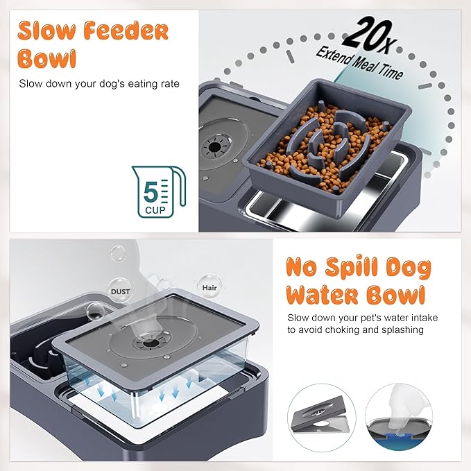Decflow 3-in-1 Elevated Dog Bowls, 4 Height Adjustable Raised Dog Bowl with Stainless Steel Food Bowl, Slow Feeder, No Spill Water Bowls for Medium Large Dogs