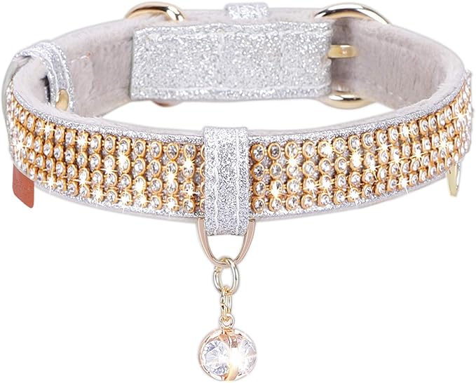 PetsHome Cat Collar, Dog Collar, [Bling Rhinestones] Premium PU Leather with Pendant Adjustable Collars for Cat and Small Dog Extra Small Silvery