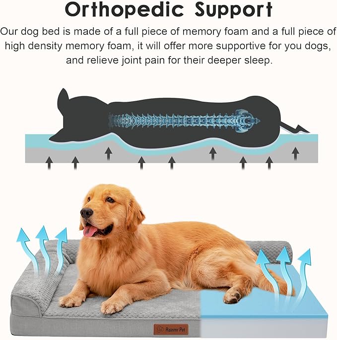 Orthopedic Dog Beds Large Sized Dog, Memory Foam Pet Bed for Large Dogs, Washable Removable Cover, Nonskid Bottom, Waterproof, 44x32x6 Inches, Light Grey