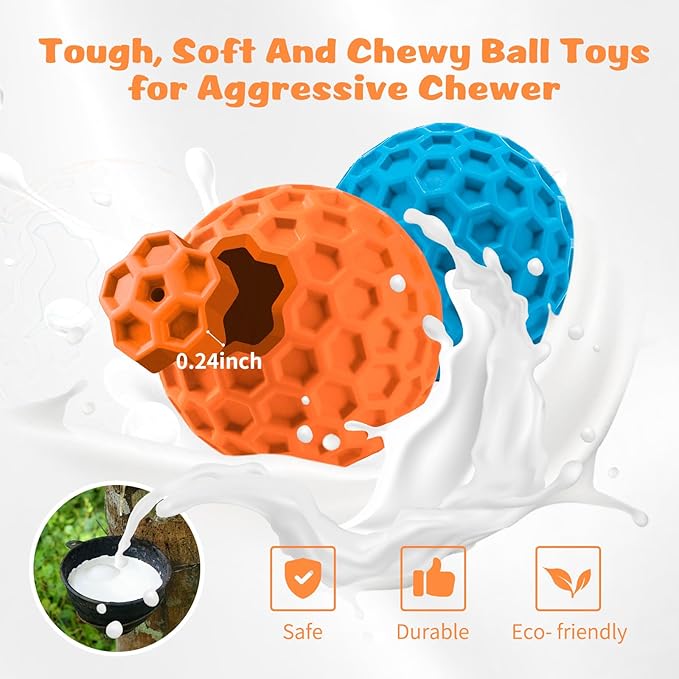 HIPPIH Indestructible Squeaky Dog Toys, Interactive Dog Balls 2 Pack, Chew Toys for Aggressive Chewers, Natural Rubber Puppy Toy for Large/Medium Dogs, Tough Puppy Teething Toy, Relieve Anxiety
