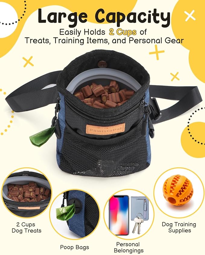 Dog Treat Pouches for Pet Training with Silicone Liner and Magnetic Closure, 2-Cup Treat Bag with Built-in Poop Dispenser, Waist Belt Clip, 3-Way Wear for Puppy & Pet Training and Daily Walks