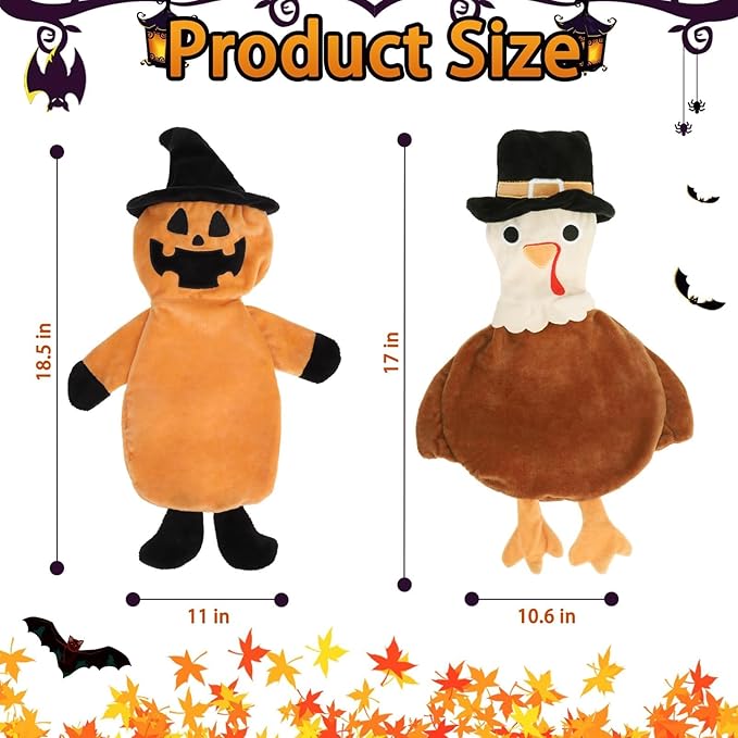 BINGPET Dog Squeaky Toys,2 Pack No Stuffing Halloween & Thanksgiving Dog Toys, Pumpkin & Turkey Interactive Plush with Squeaky Ball and Crinkle Paper, Durable Fun for Small Medium Large Dogs