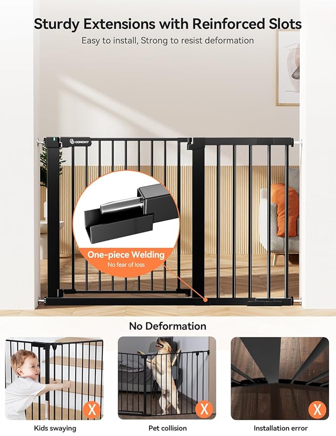 COMOMY 30" Tall Baby Gate for Stairs Doorways, Fits Openings 29.5" to 46" Wide, Auto Close Extra Wide Dog Gate for House, Pressure Mounted Easy Walk Through Pet Gate with Door, Black