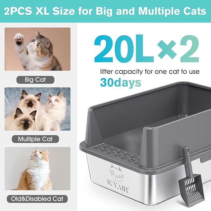 2PACK Stainless Steel Cat Litter Box with High Sides Lid, Extra Large XL Litter Box for Big Cats, Metal Kitty Litter Boxes with Anti-Leakage Enclosure,Non-Stick,Odorless,Scoop Included
