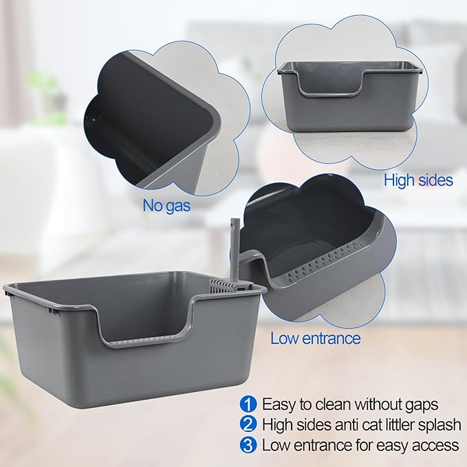 4 Packs Plastic High Wall Cat Litter Box with Scoop, Open Top Cat Litter Basin, Gray