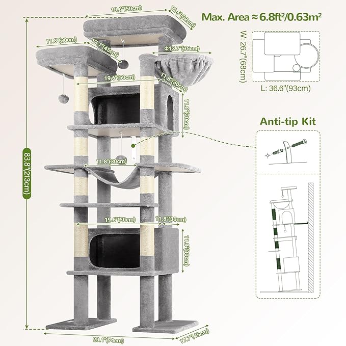 Globlazer XXL Giant Cat Tree, 83 Inch Heavy Duty Tall Cat Tower for Indoor Cats Large Adult, Multi-Level Large Cat Condo with 8 Scratching Posts, Hammock, 2 Cat Caves, 2 Platform, F83B, Light Grey