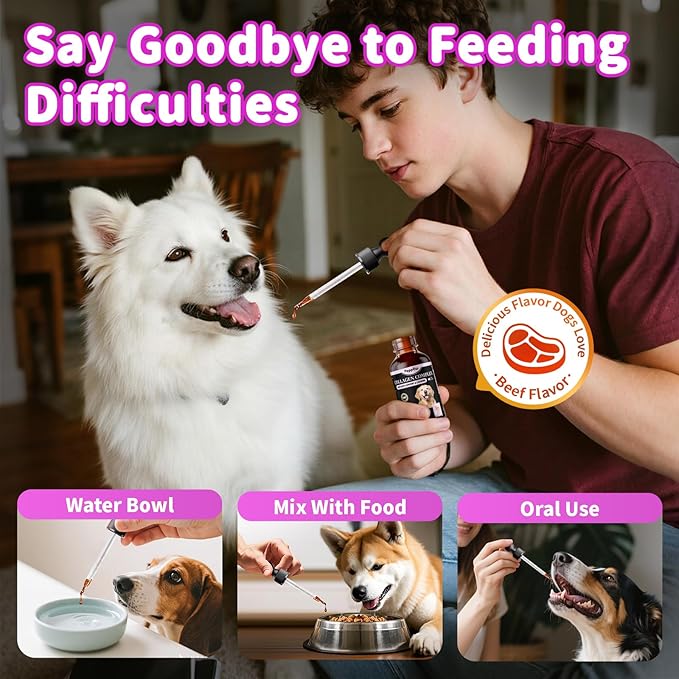 Liquid Collagen for Dogs Skin Comfort & Calming, Dog Itch Relief & Anti-Scratching & Coat Supplement with Biotin for Skin Barrier & Sensitive Immune Health Support - Beef Flavor, 2 FL.Oz