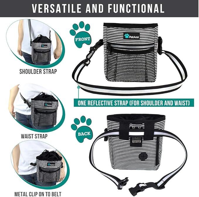 PetAmi Dog Treat Pouch, Pet Treat Pouch for Training, Dog Walking Bag Holder for Kibbles, Pet Food Toy, Dog Trainer Essentials Supplies, Poop Bag Dispenser, 3 Ways to Wear (Black Stripes)