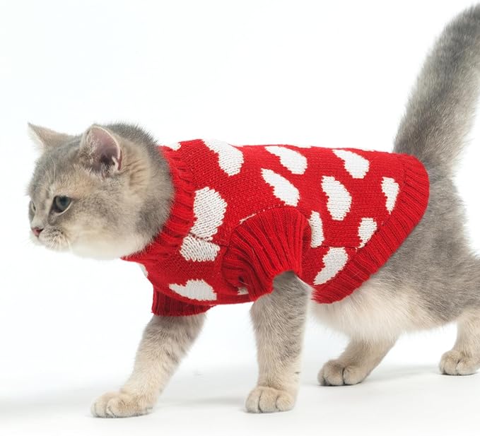 KOOLTAIL Cat Sweater Turtleneck - Soft Knit Cat Christmas Sweater, Heart Love Pattern Thick Warm Cold Weather Clothes for Small, Medium, Large Size Kitten, Puppy, Girls Red