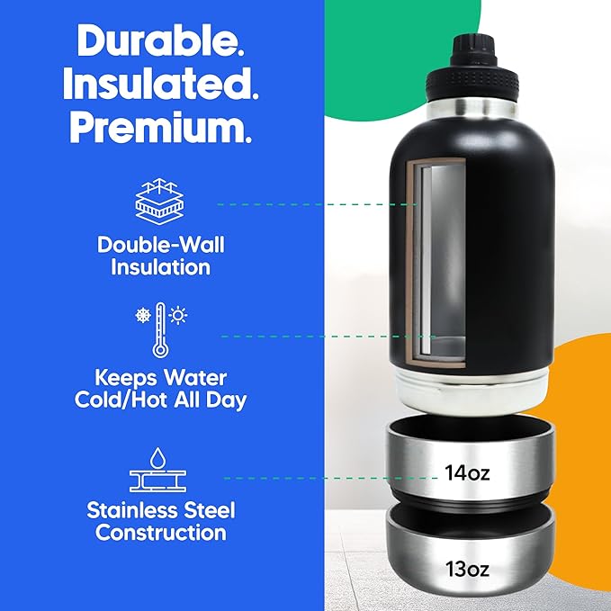64oz Portable Dog Water Bottle for Hiking Travel Camping | 4-in-1 Stainless Steel Pet Water & Food Bowl Dispenser with Case & Strap