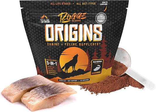 ROGUE PET SCIENCE Origins 5-in-1 Dog Supplement - Powdered Food Topper w/Natural Omega 3 Fish Oil - Supports Healthy Digestion, Skin, and Coat - Helps Reduce Itching & Joint Inflammation (2 lbs)