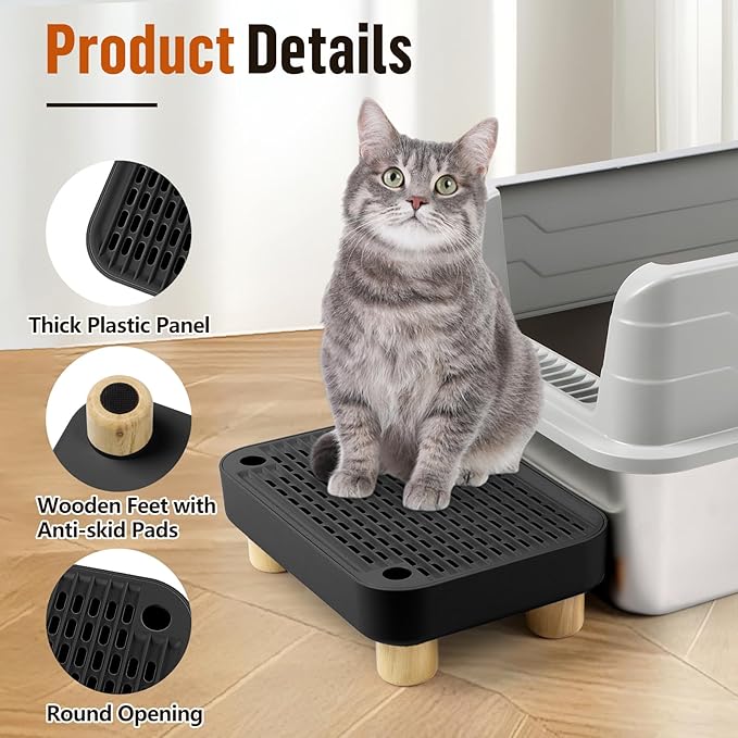 Cat Litter Box Step Ramp, Cat Litter Catcher Mat with Wooden Feet, Filter Function, Pedal Stool for Self-Cleaning Litter Box, Ideal for Kitten & Elderly Cats (Black)