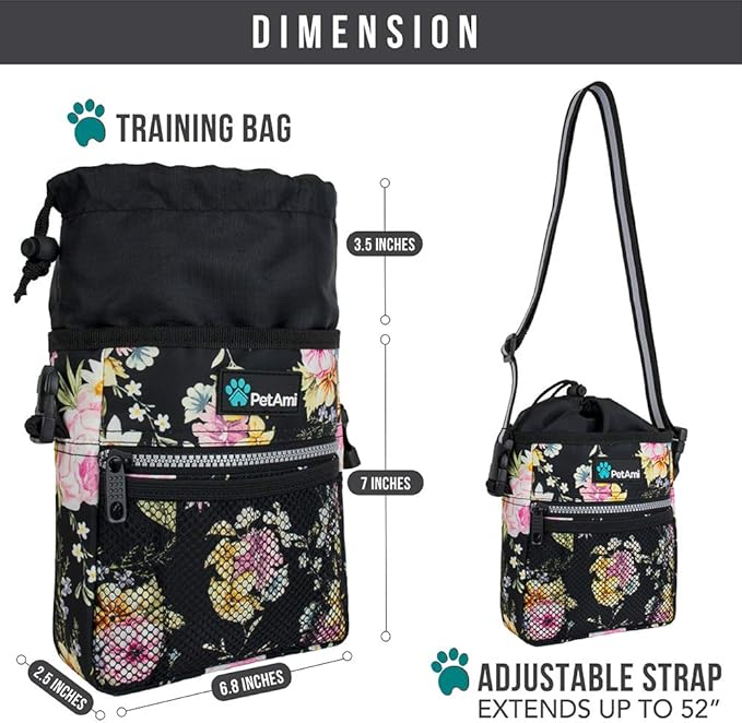 PetAmi Dog Treat Pouch, Pet Treat Pouch for Training, Dog Walking Bag Holder for Kibbles, Pet Food Toy, Dog Trainer Essentials Supplies, Poop Bag Dispenser, 3 Ways to Wear (Floral Black)