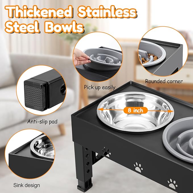 Elevated Dog Bowls with Slow Feeder and 2 Stainless Steel Bowls, Raised Dog Food Bowl Stand 5 Heights Adjustable (3.1", 9", 10", 11", 12" Tall) Non-Slip Feeder for Medium Large Dogs
