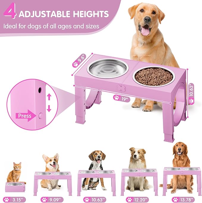 Elevated Dog Bowls Large Breed XIAZ Raised Dogs Bowl Stand Large/Medium Sized Dog 1L Food Water Bowl Stands 5 Heights Adjustable 9/11/12/15in Pink Pet Feeder Dish Station