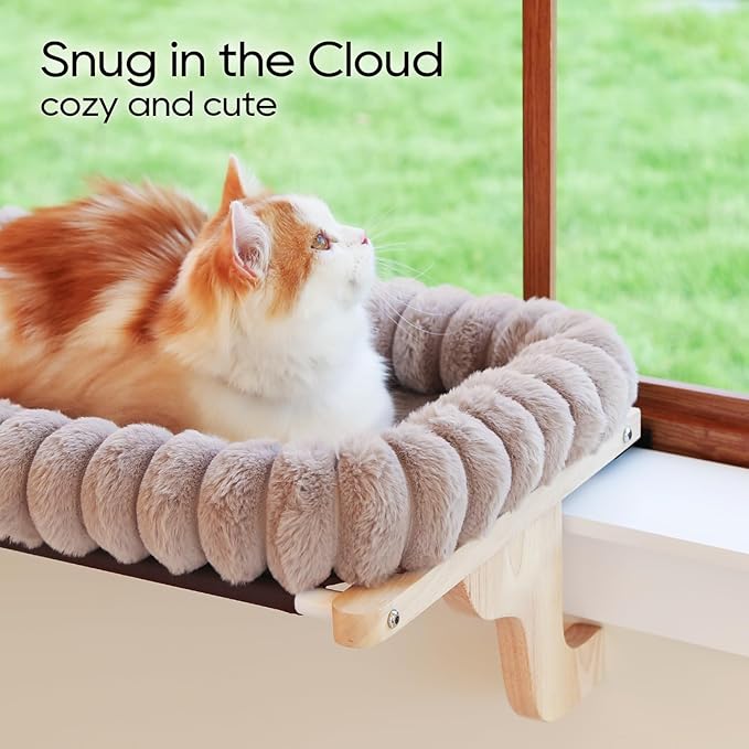 Zakkart SnugCloud Cat Window Perch with 4-Sided Bolster - Orthopedic Cat Hammock for Window Sill - Solid Hardwood & Metal Frame - Window Seat for Pets (Natural Color Wood w/Brown Bed, Medium)