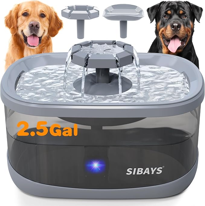 SIBAYS 2.5Gal/9.5L Dog Water Fountain for Large Dogs, 3 Flow Modes Large Pet Water Fountain for Cats, Automatic Dog Water Bowl Dispenser with 7" Filter & Smart LED Pump, Quiet, BPA-Free Material(FS68)
